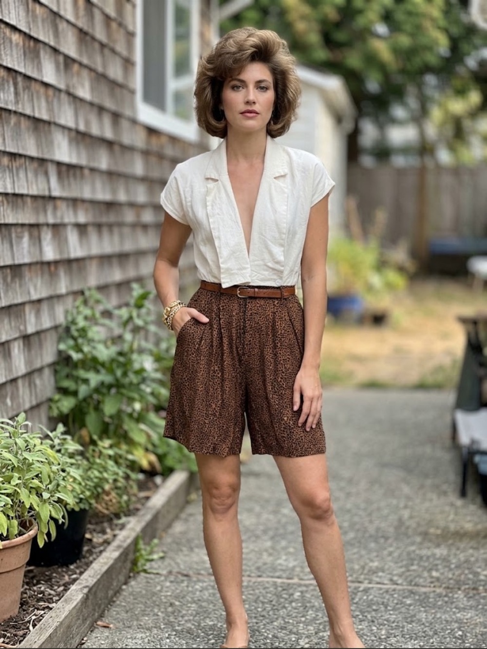 1980s Two-Tone Animal Print Jumper – Cream Tuxedo Lapel Top & High-Waist Short S